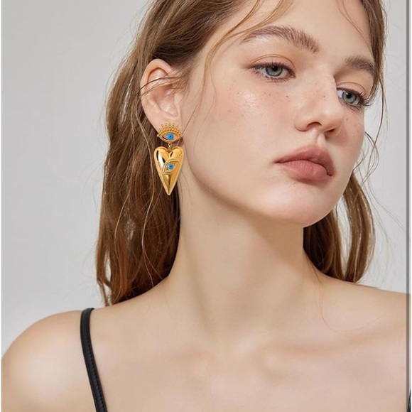 Anthropologie Gold and Blue Heart Eye Earrings - Picture 4 of 6